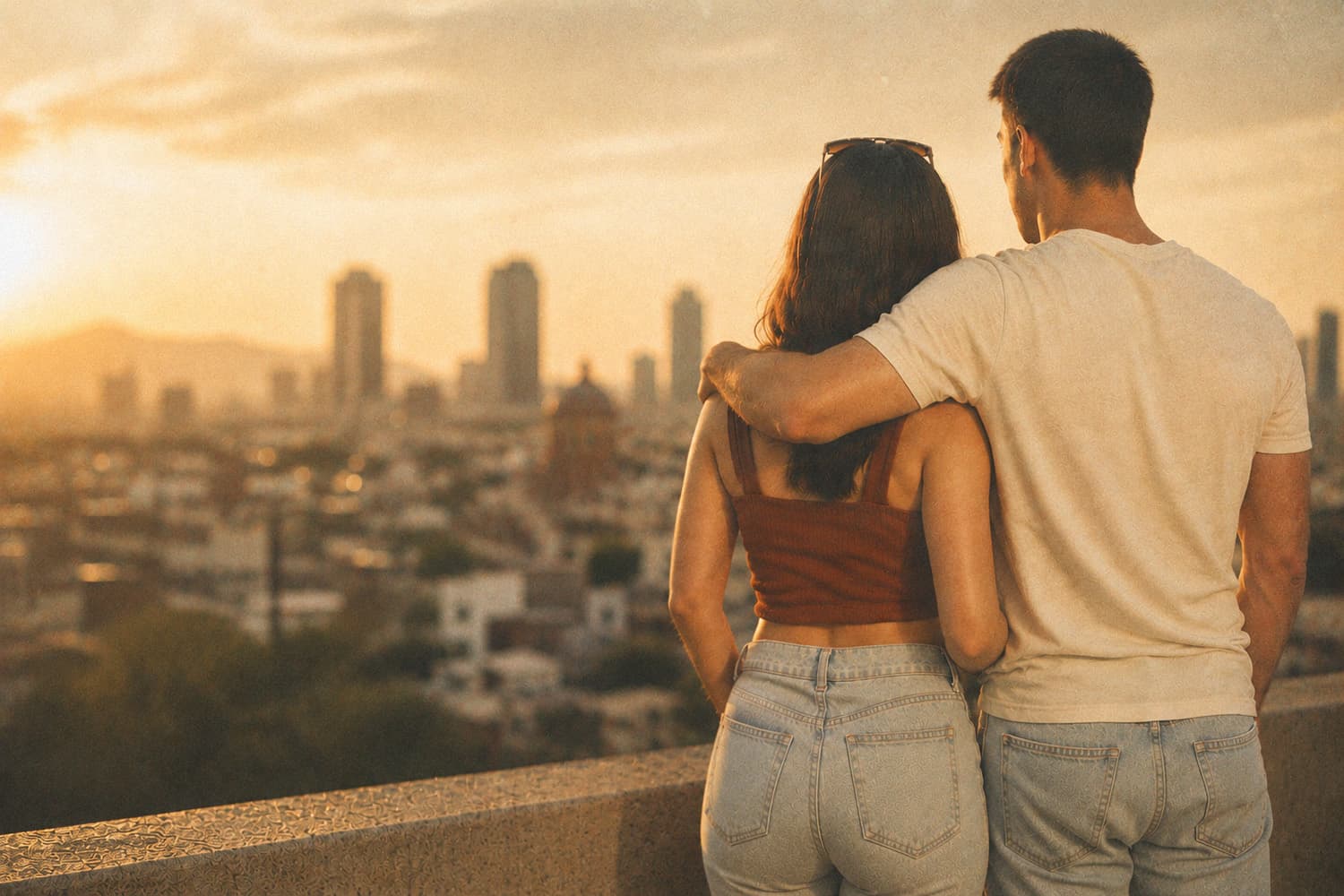 Pareja al atardecer con vista a la ciudad, vistiendo SLF JNS